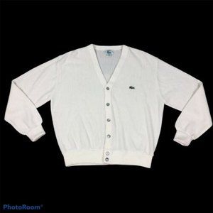 Izod Lacoste Ivory Cardigan Sweater Sz L Alligator Logo USA Made Orlon Acrylic